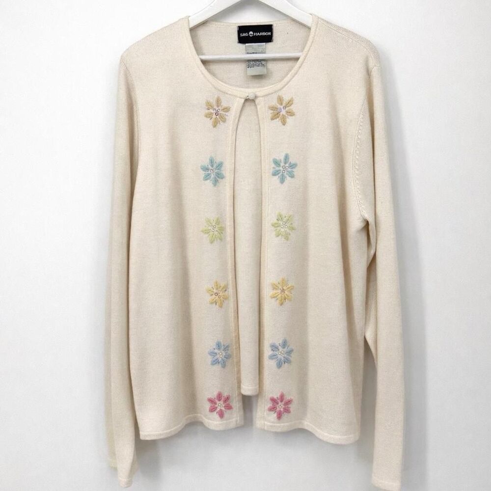 Sag Harbor Cream Cardigan Floral Embroidered Size XL Acrylic